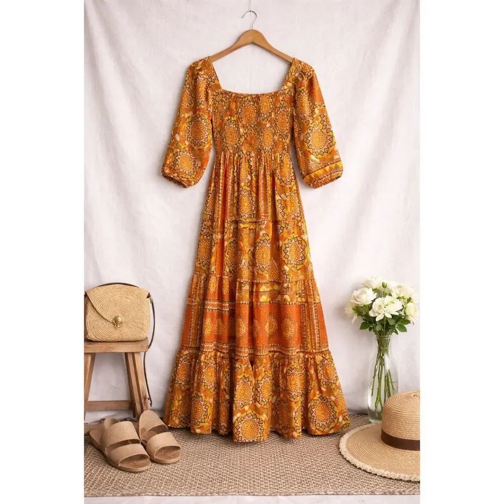 Me 2 Magic Boho Smocked Maxi Dress Orange Geometric Puff Sleeve Large Flowy